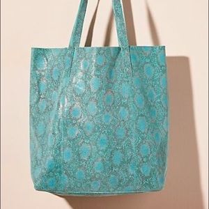 Anthropology leather Quinn tote bag in blue snake